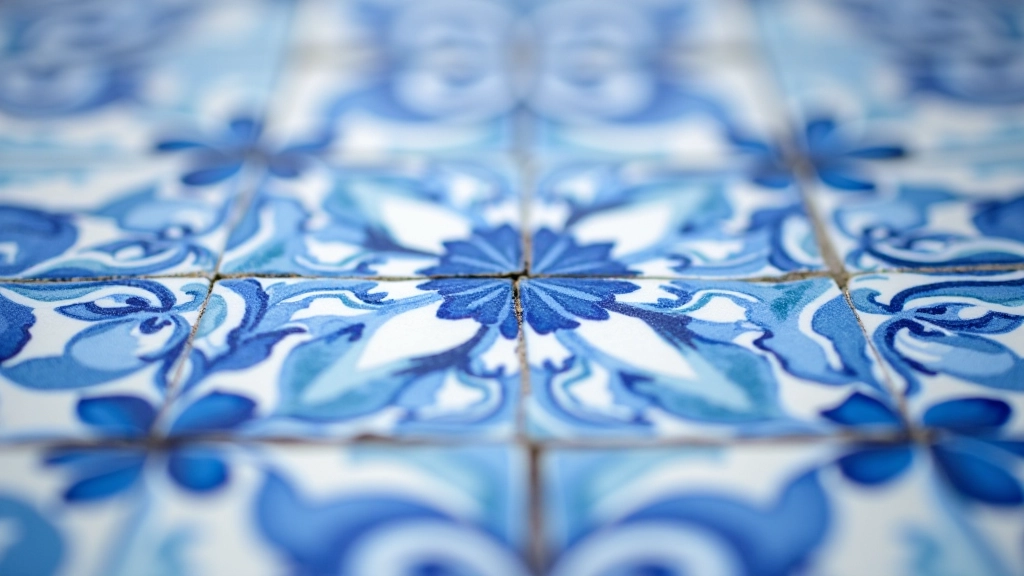Close-up of traditional Portuguese azulejo tiles with blue and white geometric patterns arranged in a mosaic