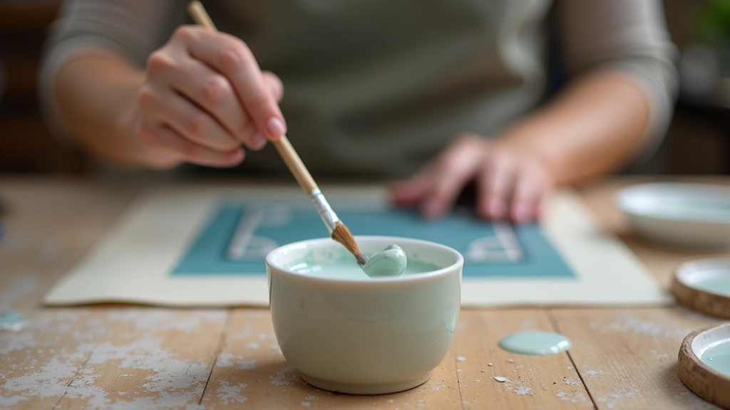 Ceramic glaze buckets and clear liquid glaze in a studio workspace with brushes and mixing tools on a wooden table