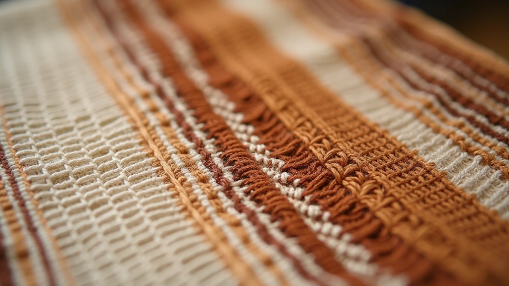 Close-up detail of woven fabric showing intricate thread interlacing in earth tones, demonstrating fine hand-weaving craftsmanship