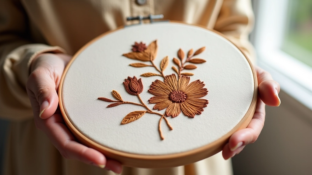 Close-up of embroidery hoop showing detailed hand-stitched floral pattern in cream linen with earth-tone thread colors