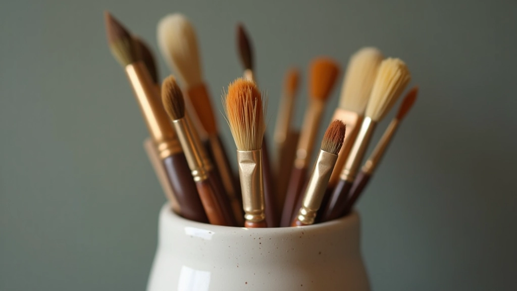 Selection of artist brushes in various sizes and shapes arranged in a ceramic holder, showing natural bristle and synthetic options