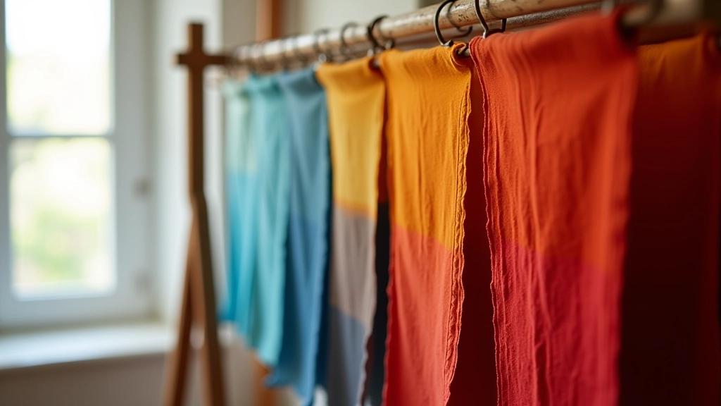 Finished textile pieces hanging on a wooden rack displaying a rainbow of natural dyes from pale yellow through indigo blue to deep madder reds