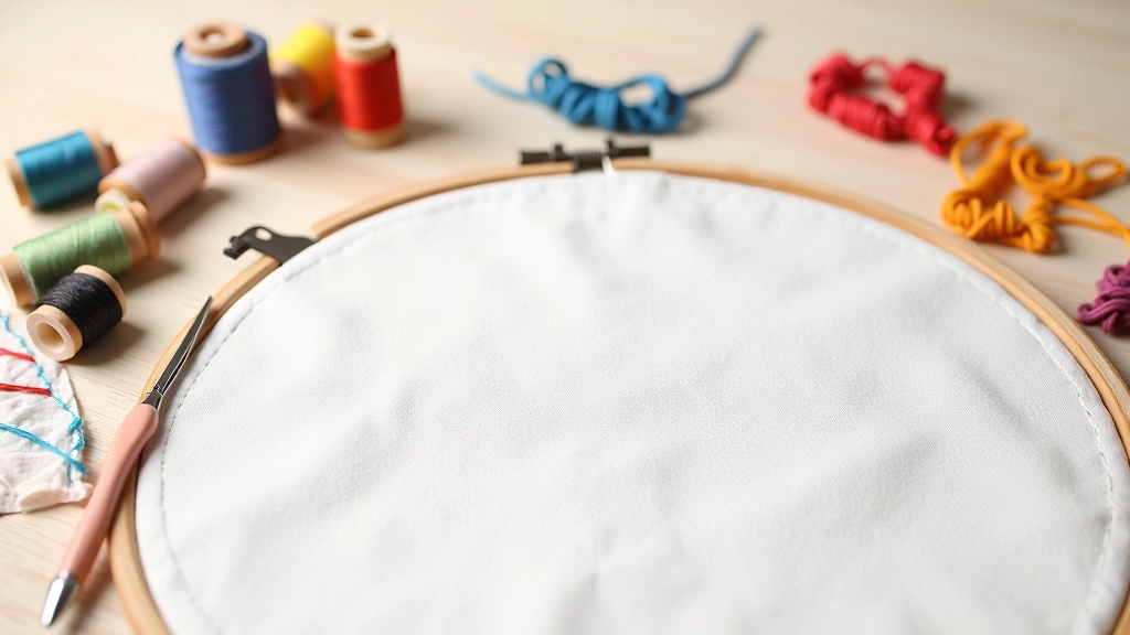 Flat lay of embroidery supplies including needle, thread spools in various colors, scissors, and small fabric swatches showing different stitch samples