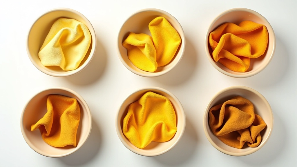 Multiple ceramic vessels containing dyed fabric samples in graduated shades from pale yellow to deep golden-brown, showing the progression of madder root dyeing