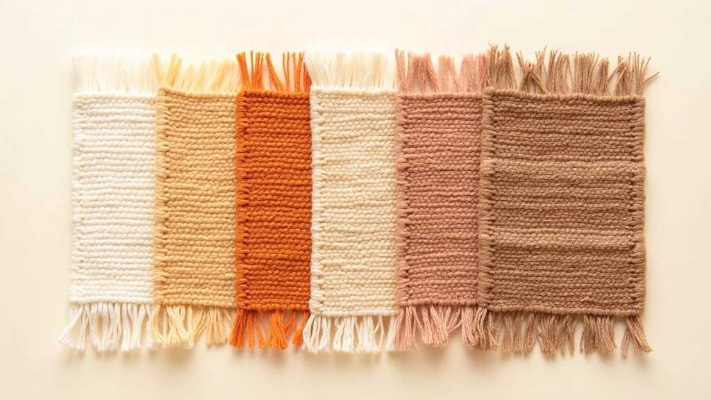 Samples of beginner weaving patterns displayed side by side showing plain weave, alternating color stripes, and simple geometric patterns in natural yarn colors