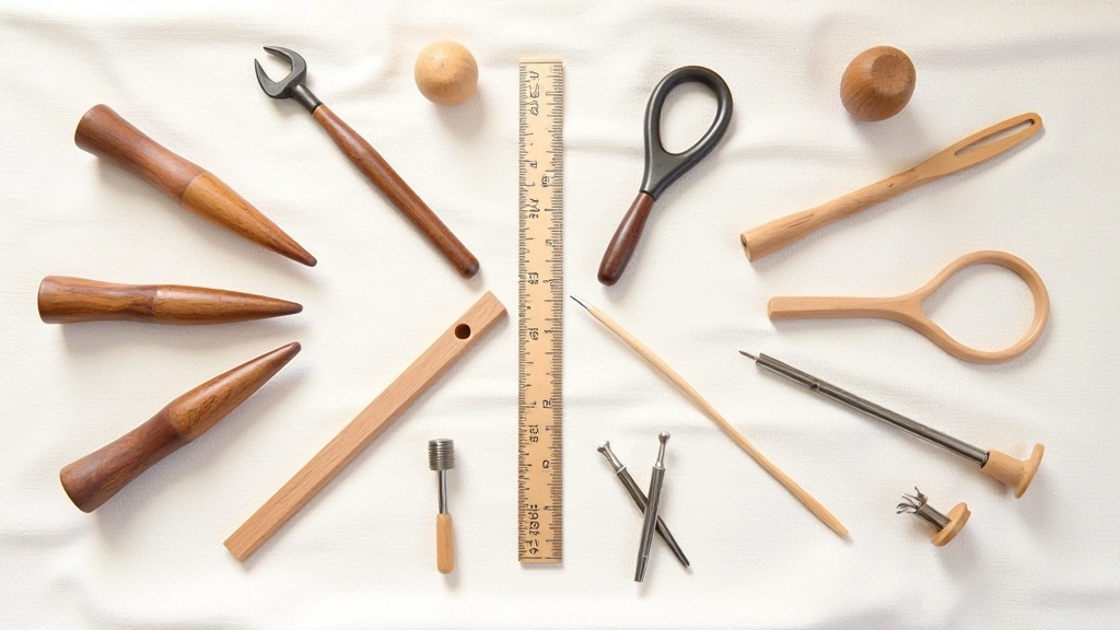 Flat lay of essential hand-weaving tools including wooden shuttles, yarn needles, measuring ruler, thread cutter, and tension weights arranged neatly on linen fabric