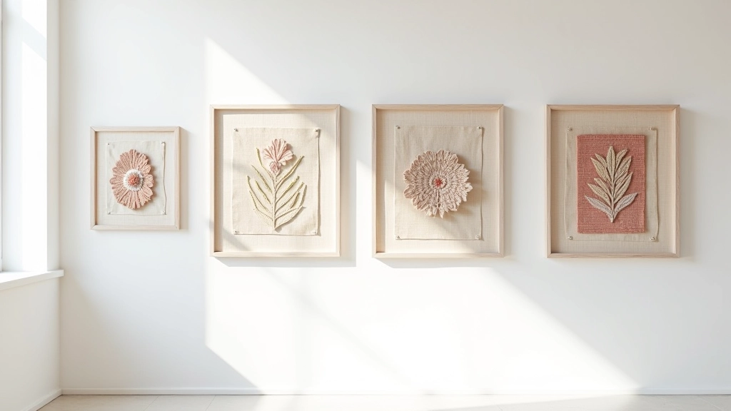 Progression display of embroidered pieces arranged on white wall, showing four framed samples increasing in complexity from simple geometric pattern to detailed botanical design