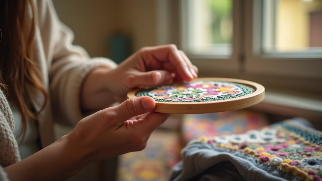 Hands holding embroidery hoop with in-progress needlework, showing different colored threads and stitch patterns on linen fabric