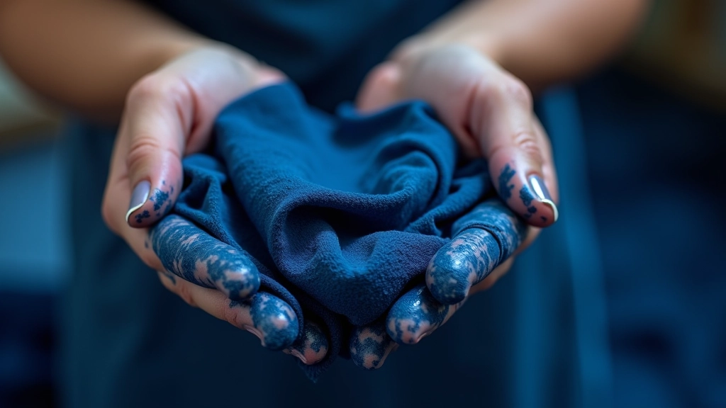 Hands holding dyed fabric in vibrant blue tones