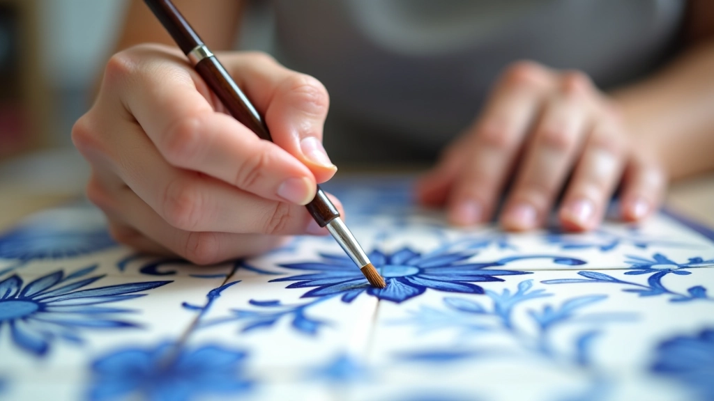 Close-up detail of a hand holding a fine brush, applying detailed blue underglaze patterns onto a white ceramic tile with precise strokes