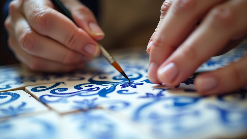 Hands painting geometric patterns on white ceramic tile using traditional Portuguese techniques and techniques