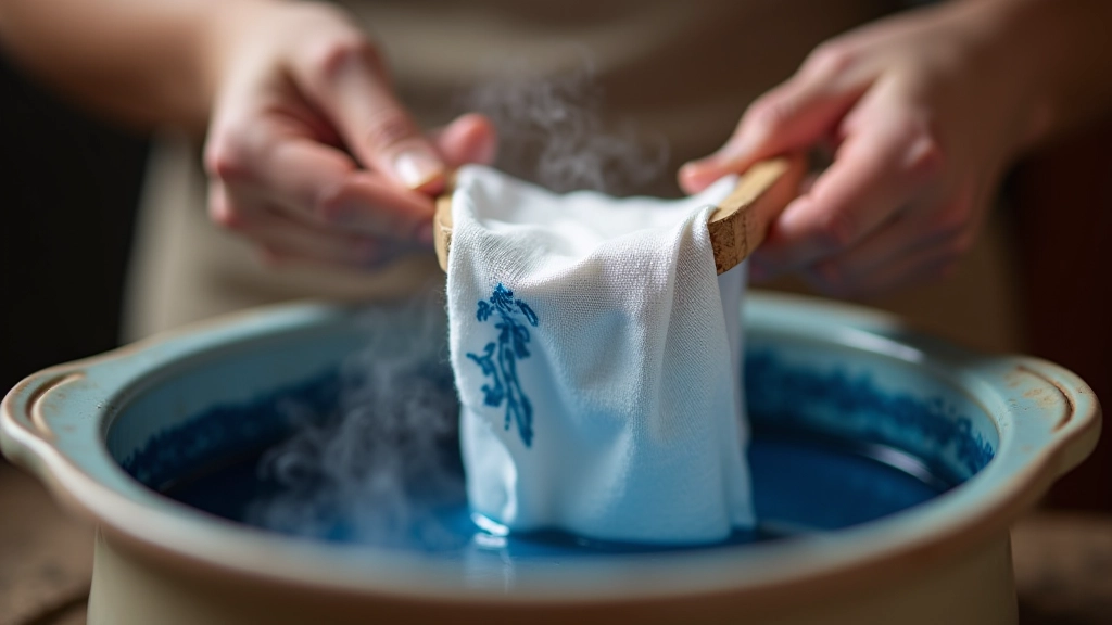 Hands gently immersing white linen fabric into a steaming dye bath of deep indigo color, using wooden tongs in a ceramic pot