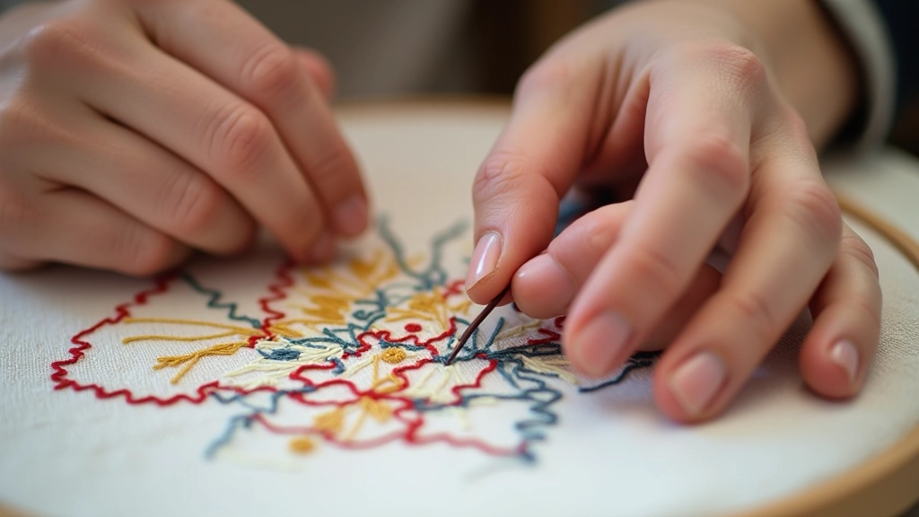 Hands embroidering colorful thread on fabric
