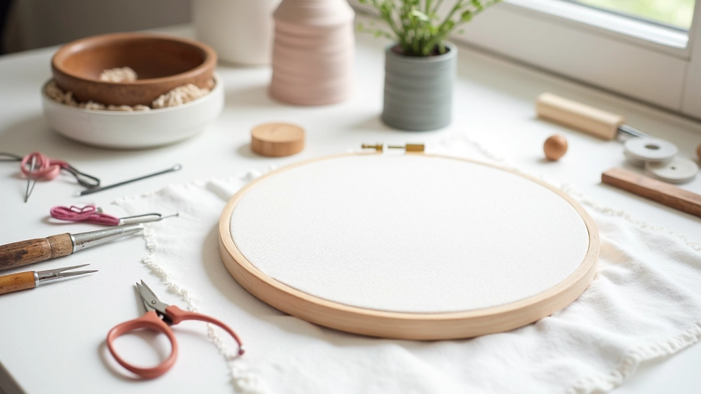 Organized workspace showing embroidery hoop clamped to work surface, with needle threader, thread cutter, and assorted needles of different sizes arranged on a mat