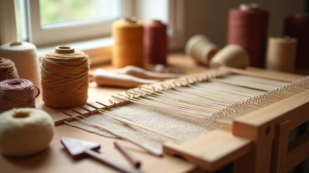 Organized workspace showing table loom, yarn spools in various natural colors, weaving shuttles, and tools arranged on wooden surface