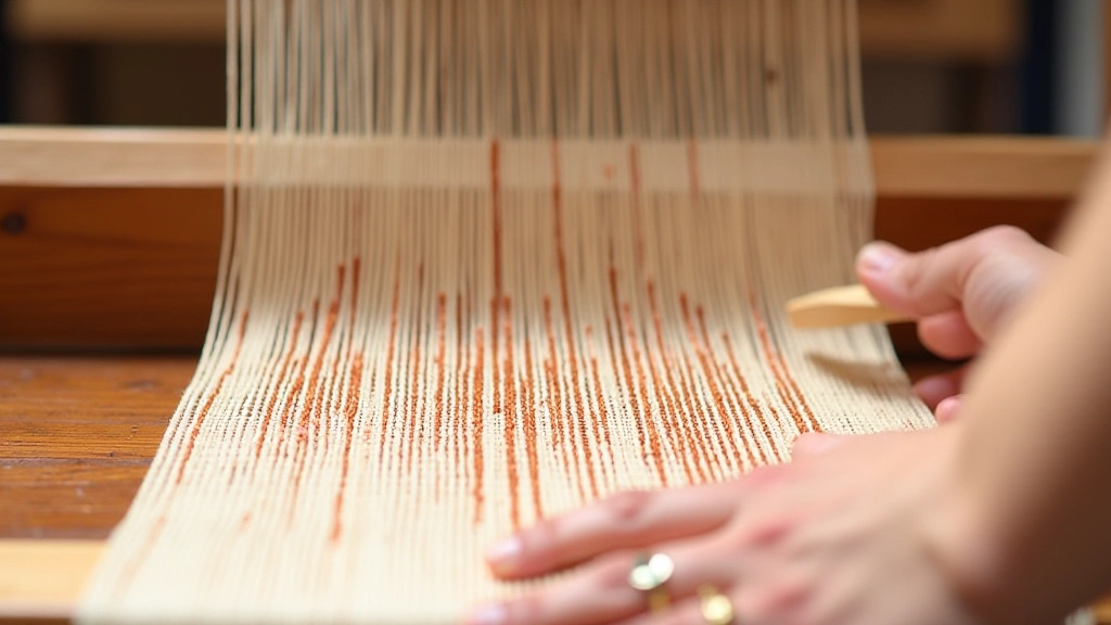 Diagram-style photograph showing a table loom with clearly visible vertical warp threads and horizontal weft threads being interlaced with a wooden shuttle