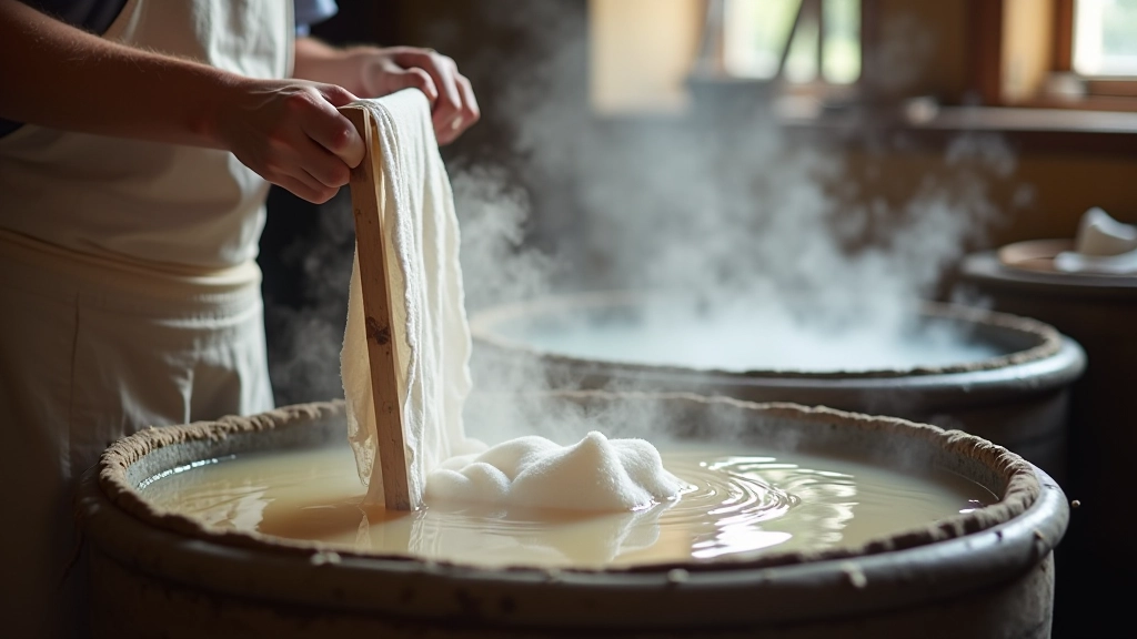 Textile dyeing workspace showing plant materials, dyed fabric samples, and natural color variations in different vessels