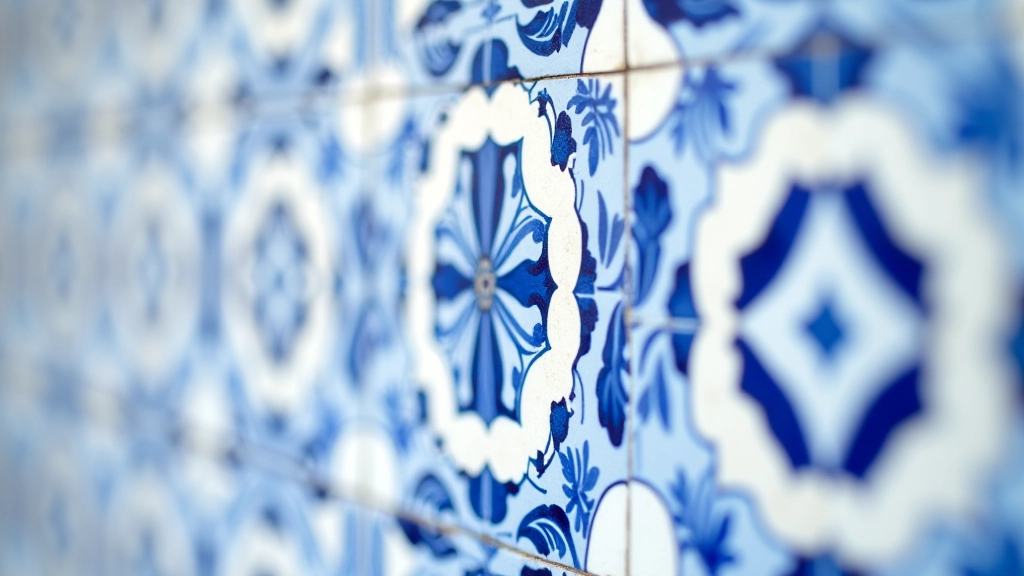 Traditional Portuguese azulejo tiles featuring intricate geometric blue and white patterns arranged in a decorative wall composition