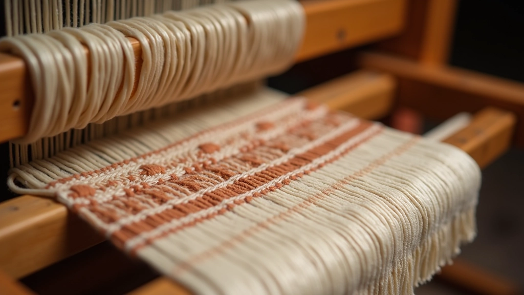 Traditional wooden hand loom with warp threads arranged, showing weaving setup and basic structure for hand-weaving