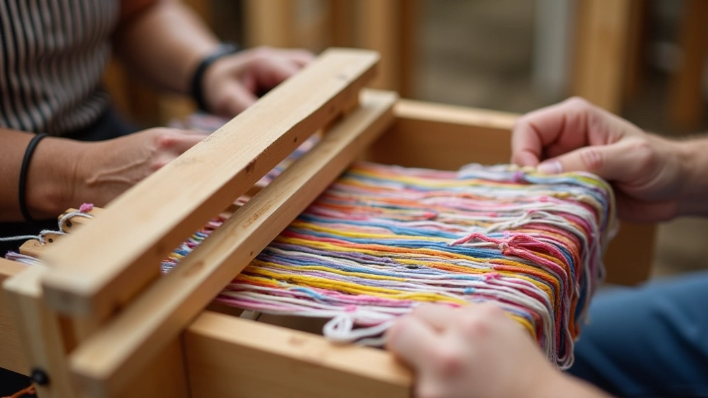 Wooden hand loom with colorful woven threads