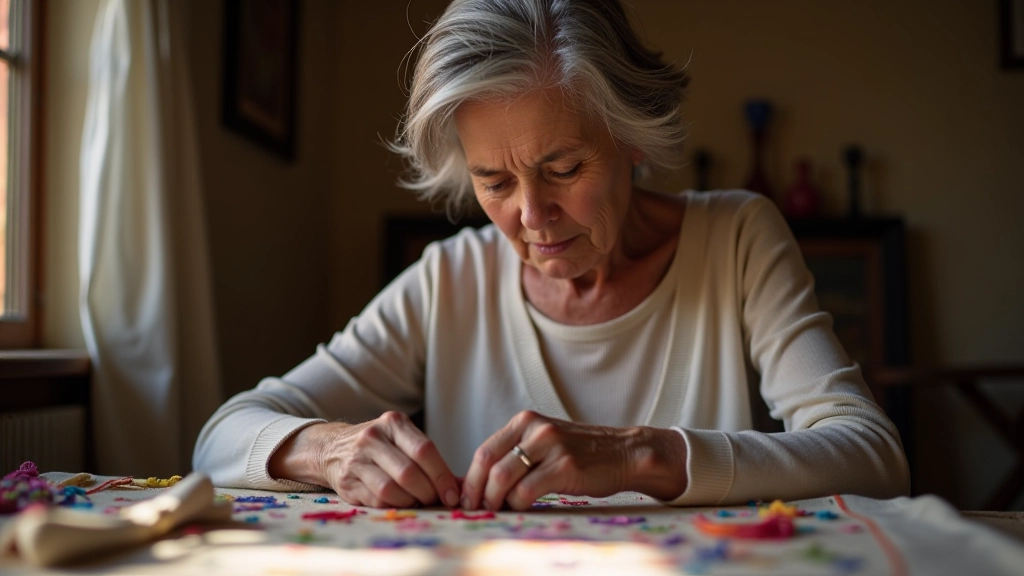 Mature woman practicing traditional hand embroidery with colorful threads in a studio setting